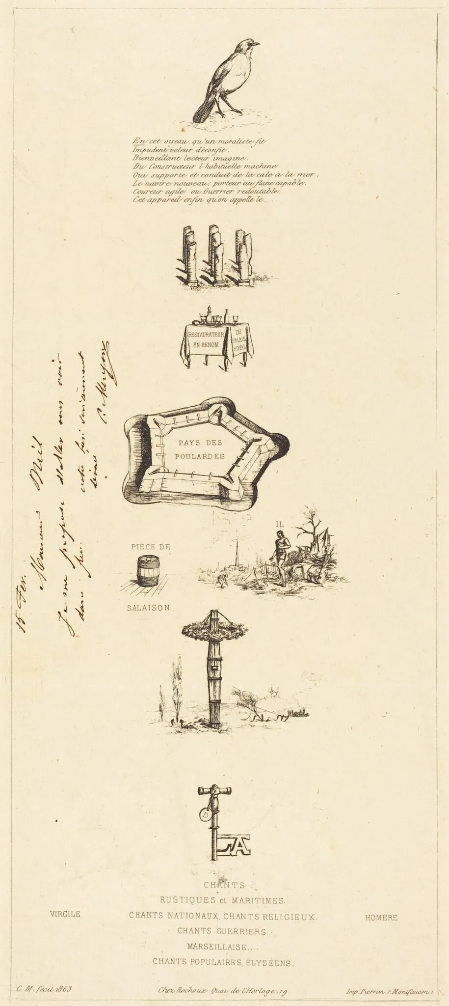 Rébus: "Béranger ne fut véritablement fort, car il n'eut jamais la clef des champs" (Rebus: "Beranger was not really strong, for he never had the key of the fields"), by Charles Meryon, ink, 1863