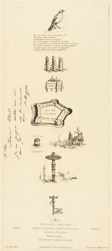 Rébus: "Béranger ne fut véritablement fort, car il n'eut jamais la clef des champs" (Rebus: "Beranger was not really strong, for he never had the key of the fields"), by Charles Meryon
