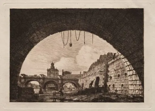 The New Bridge and the Samaritaine seen from under the First Arch of the Exchange Bridge, Paris, by Charles Meryon