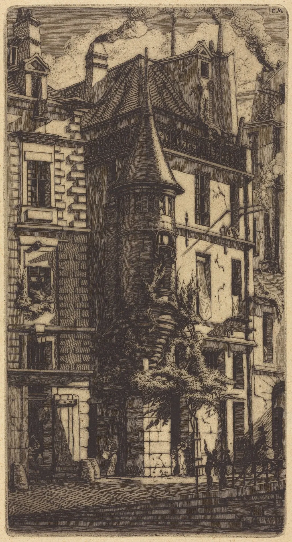 Tourelle de la Rue de la Tixéranderie, Paris (House with a Turret, Weavers' Street, Paris), by Charles Meryon, ink, 1852