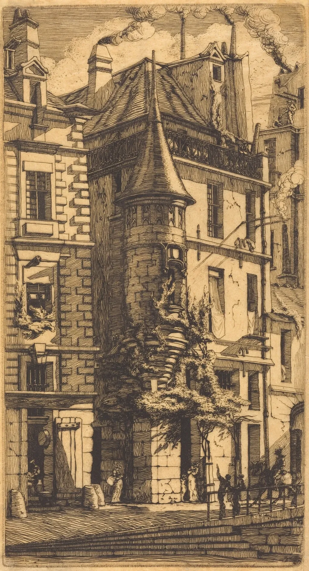 Tourelle de la Rue de la Tixéranderie, Paris (House with a Turret, Weavers' Street, Paris), by Charles Meryon, ink, 1852