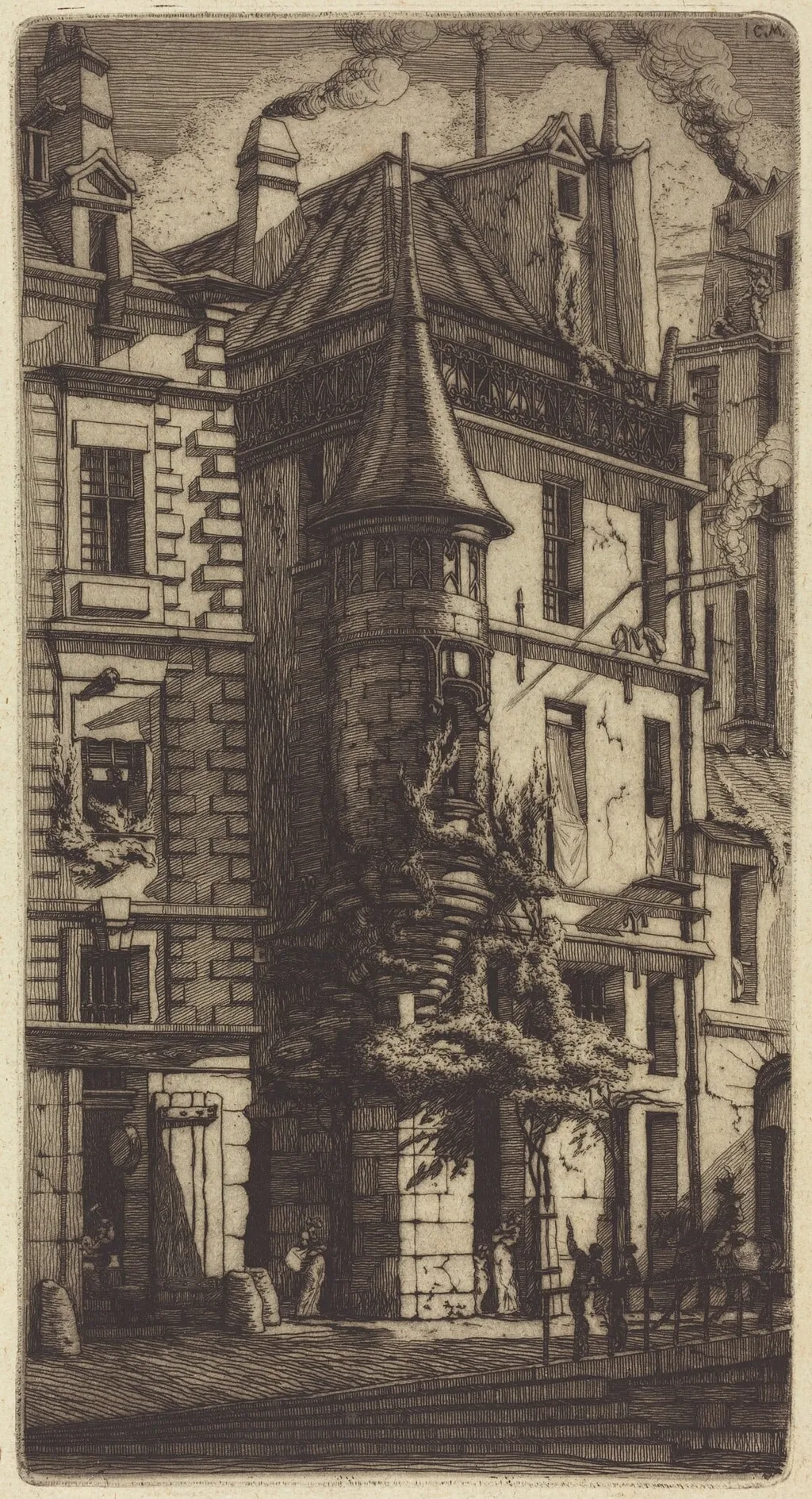 Tourelle de la Rue de la Tixéranderie, Paris (House with a Turret, Weavers' Street, Paris), by Charles Meryon, ink, 1852