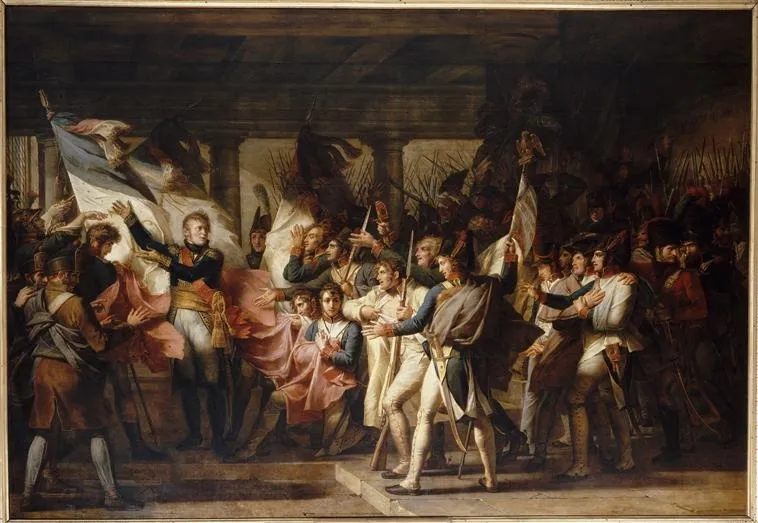 Marshal Ney hands over their flags to the soldiers of the 76th Line Regiment, November 7, 1805, by Charles Meynier, oil, 1808