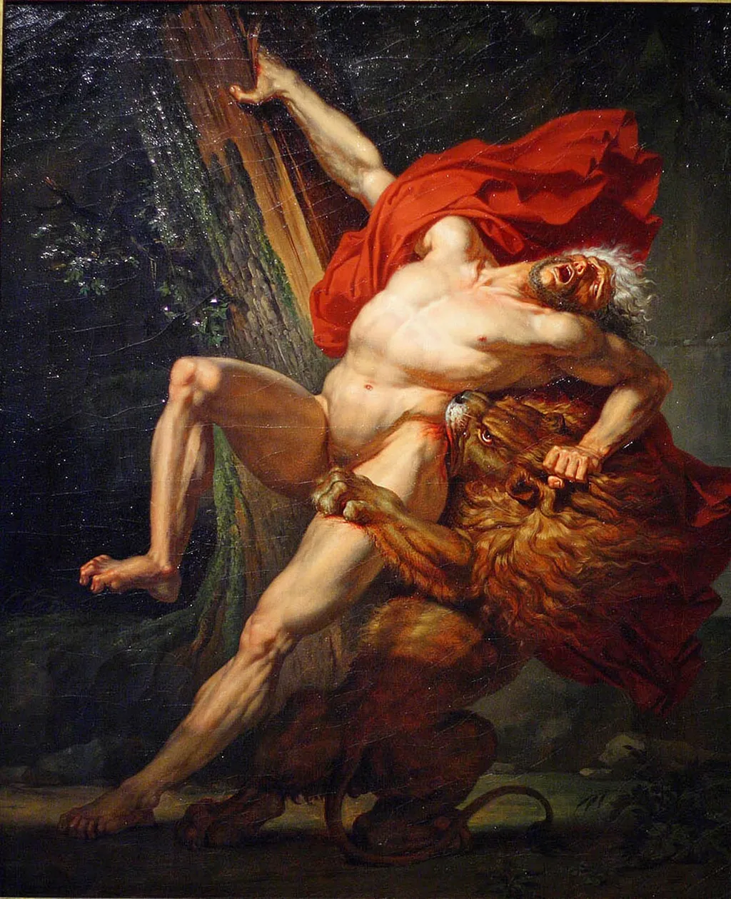 Milo of Croton, Attempting to Test His Strength, Is Caught and Devoured by a Lion, by Charles Meynier, oil, 1798