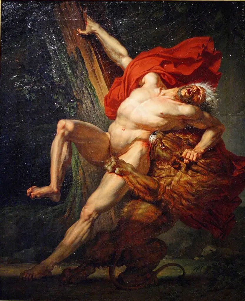Milo of Croton, Attempting to Test His Strength, Is Caught and Devoured by a Lion, by Charles Meynier