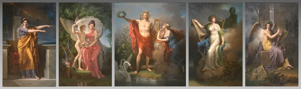 Polyhymnia, Muse of Eloquence; Erato, Muse of Lyrical Poetry; Apollo, God of Light, Eloquence, Poetry and the Fine Arts with Urania, Muse of Astronomy; Calliope, Muse of Epic Poetry; Clio, Muse of History, by Charles Meynier, unspecified, 1800