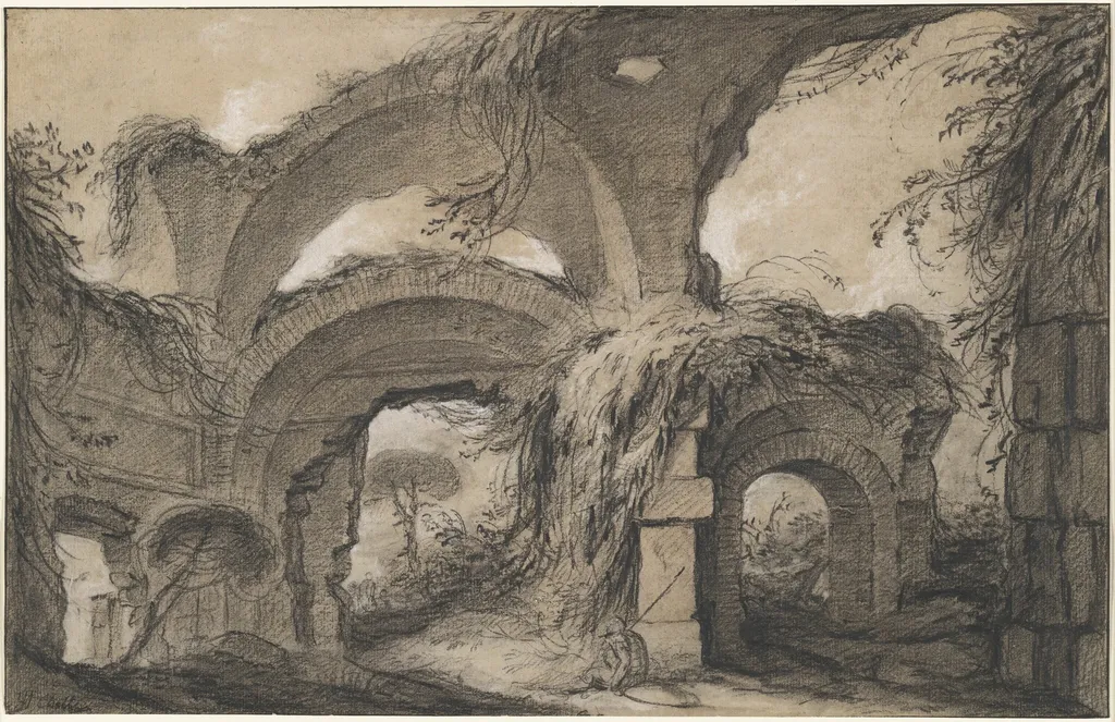 Arches of the Larger Baths at Hadrian's Villa, by Charles Michel-Ange Challe, chalk, 1748