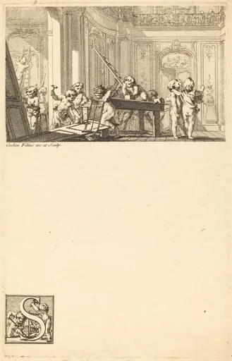 Putti Preparing the Interior Decoration of a Mansion, by Charles-Nicolas Cochin II