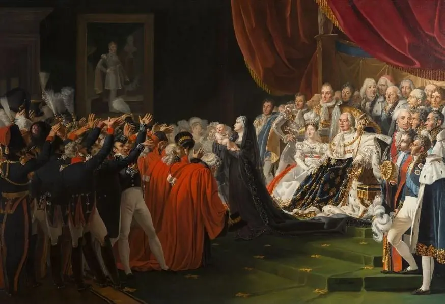 The Duke of Bordeaux presented to the people and the army by the Duchess of Berry in the presence of the king, surrounded by the royal family and the main figures of the State, by Charles Nicolas Lafond, 1821
