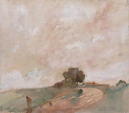 A man and a dog on a country road, by Charles Robinson