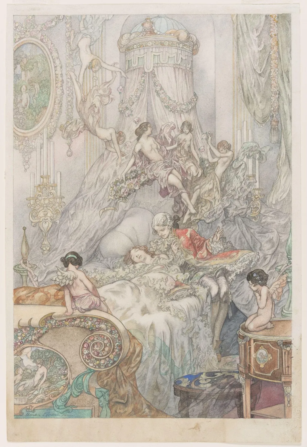 Beau leaning over a girl in bed with attendant nymphs, by Charles Robinson, watercolor, 1931