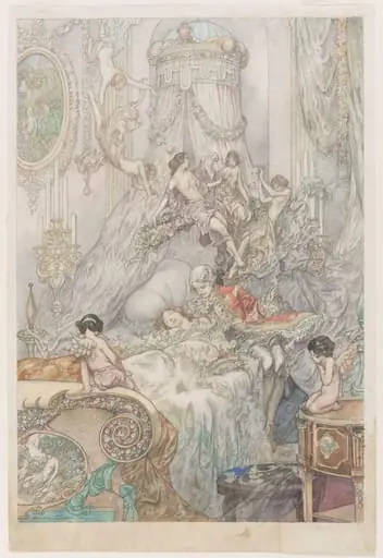 Beau leaning over a girl in bed with attendant nymphs, by Charles Robinson
