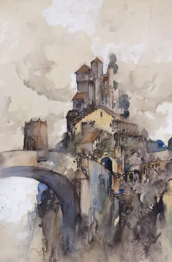 Bridge crossing a chasm to a medieval village, by Charles Robinson
