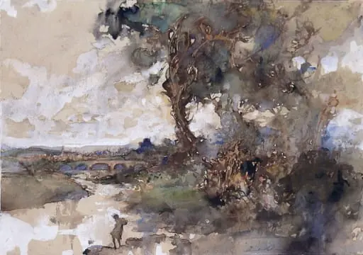 Figure by a river with a distant view of bridges and a town, by Charles Robinson