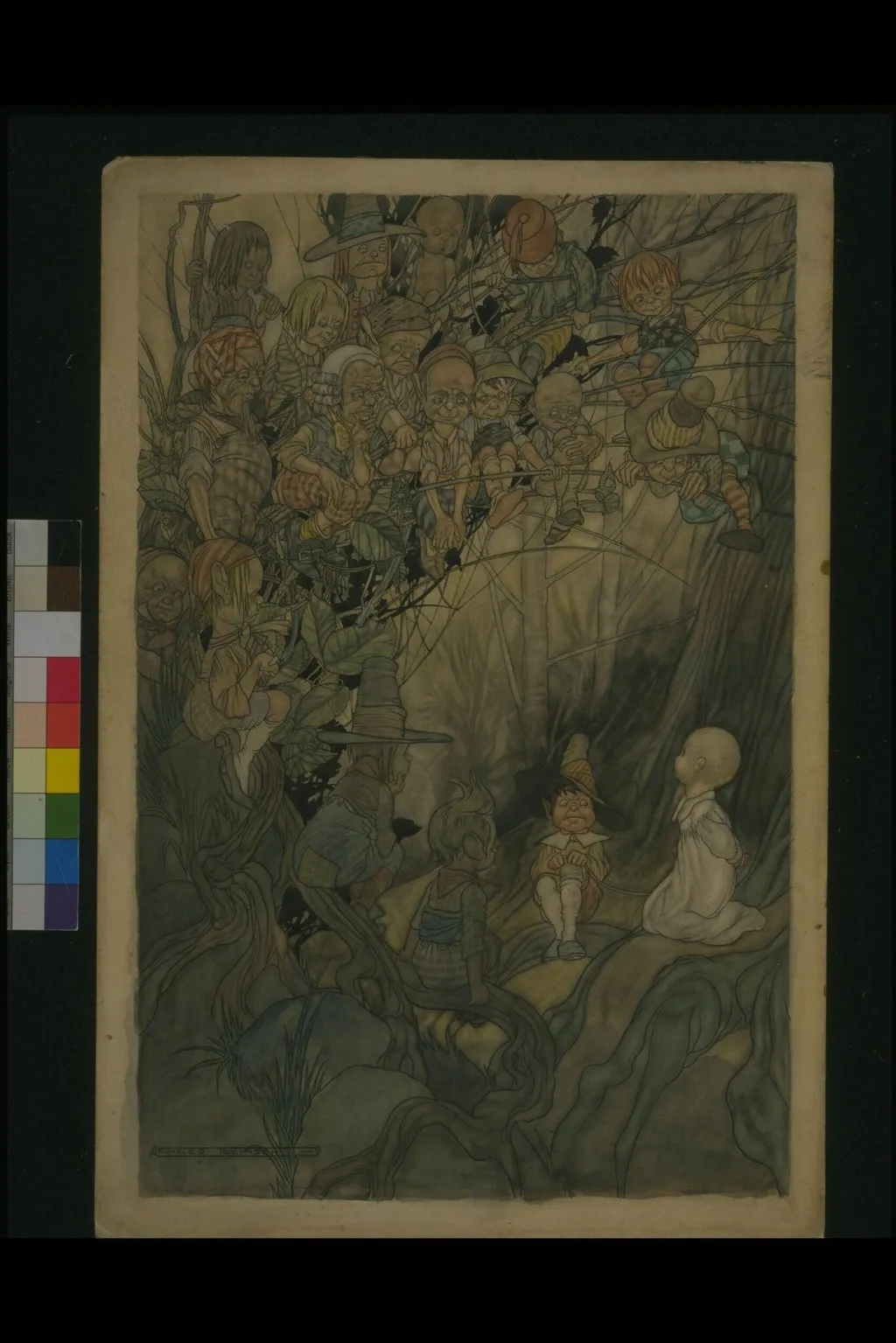 Goblins cross-examining a baby whom one of the has captured, by Charles Robinson, watercolor, 1910