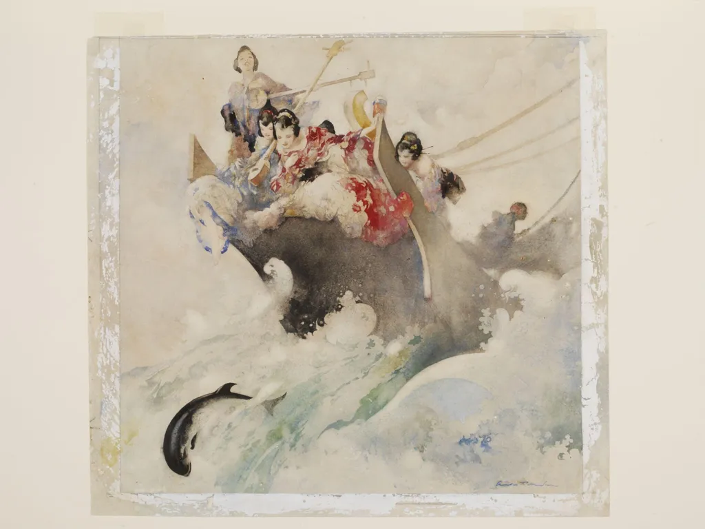 Japanese girls in the prow of a boat chasing a flying fish, by Charles Robinson, watercolor, 1932