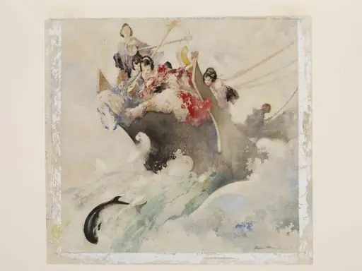 Japanese girls in the prow of a boat chasing a flying fish