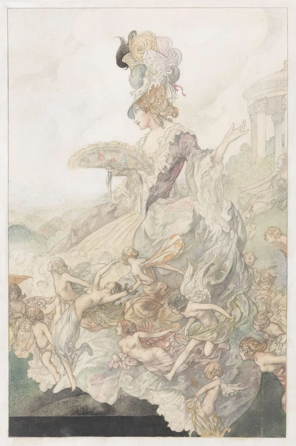 Lady with Fan, with attendant nymphs, by Charles Robinson, watercolor, 1931