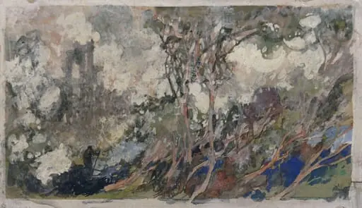 Wood-burner in a forest before a palace, by Charles Robinson