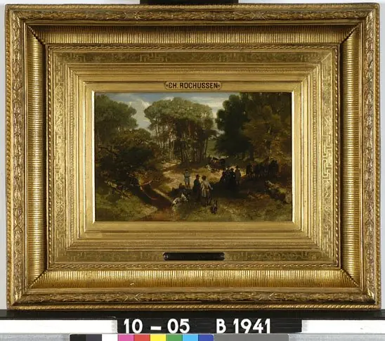 Jagershalte in een bos, by Charles Rochussen