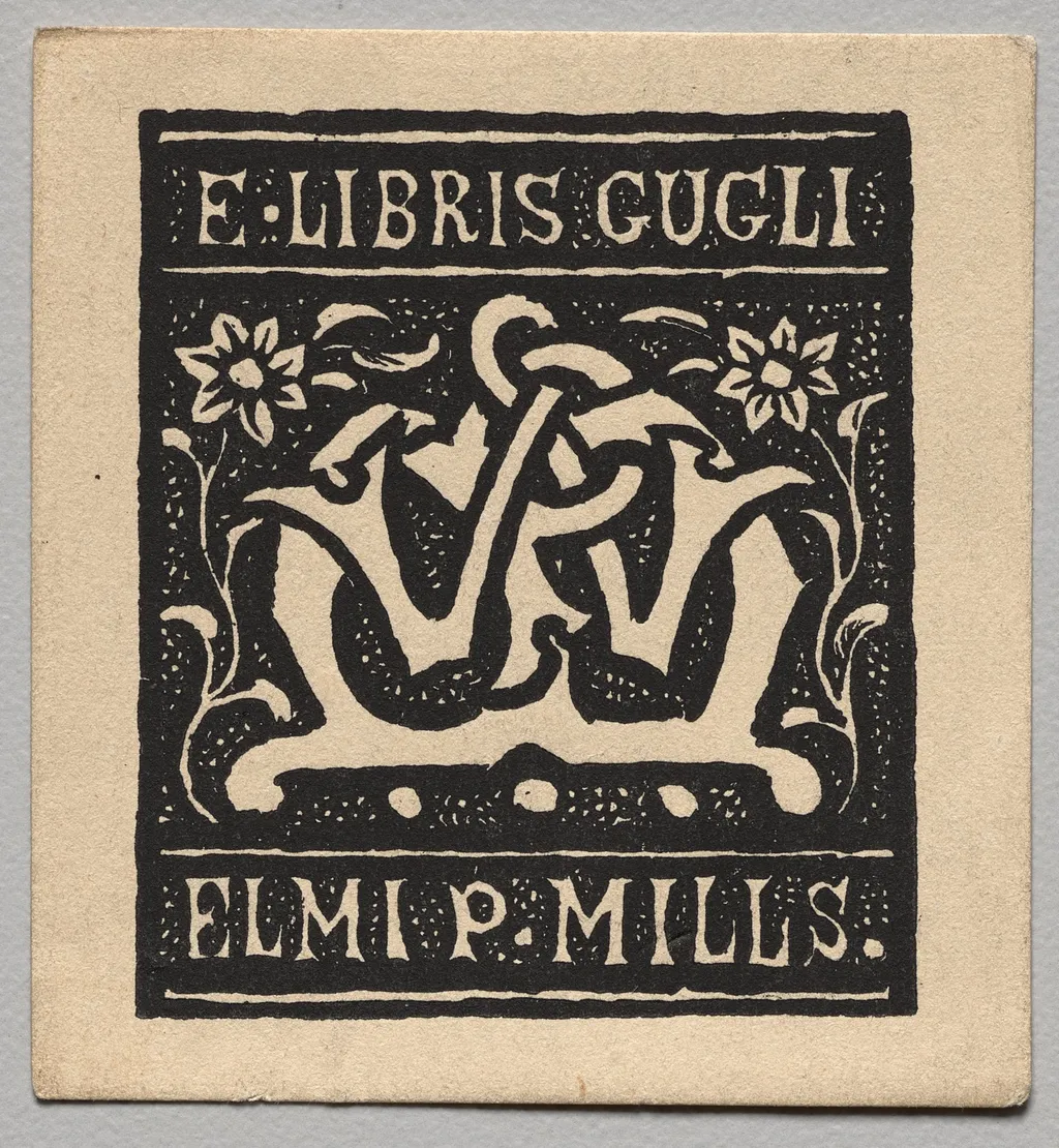 Bookplate: Elmi P. Mills, by Charles Samuel Keene, 1867