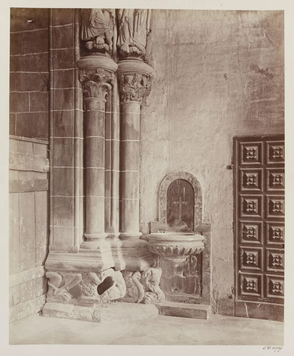 Cathedral, Santiago, Spain, Portico de la Gloria, detail of column at South wall, by Charles Thurston Thompson, photographic, 1867