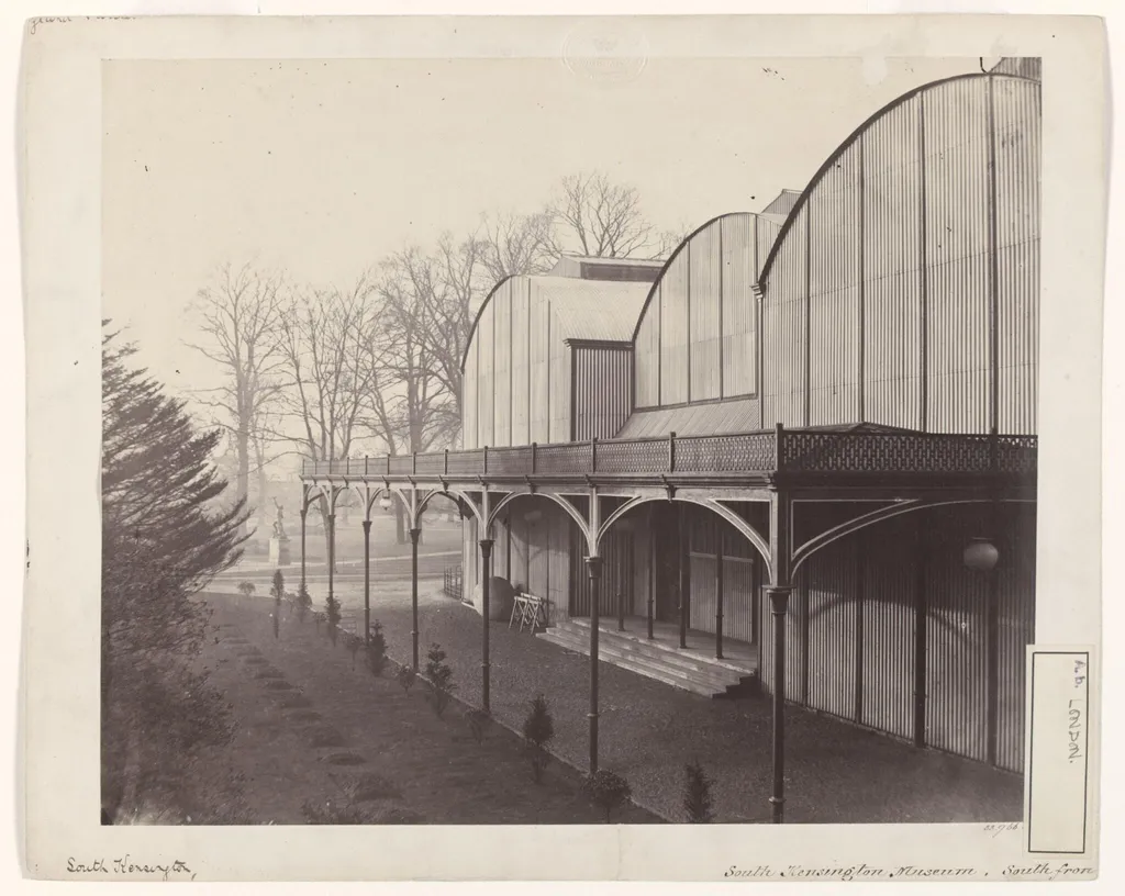 Exterior view of the south front entrance of the South Kensington Museum (the 'Brompton Boilers'), by Charles Thurston Thompson, photographic, 1862