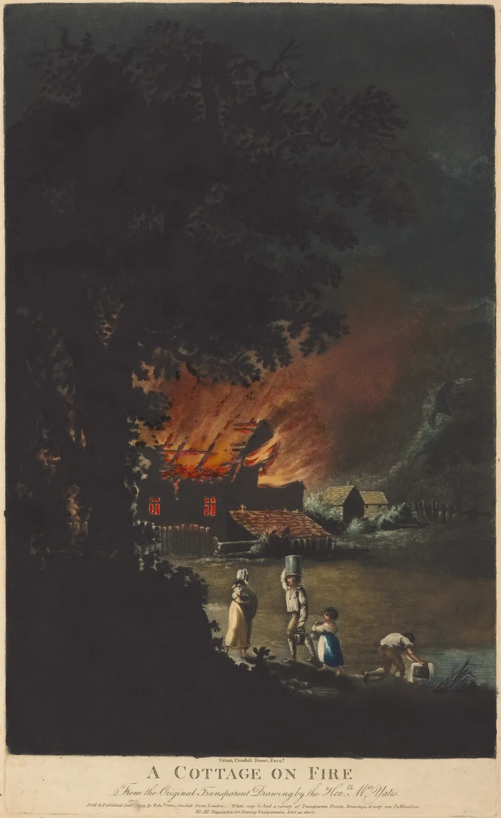 A Cottage on Fire, by Charles Turner, ink, 1799