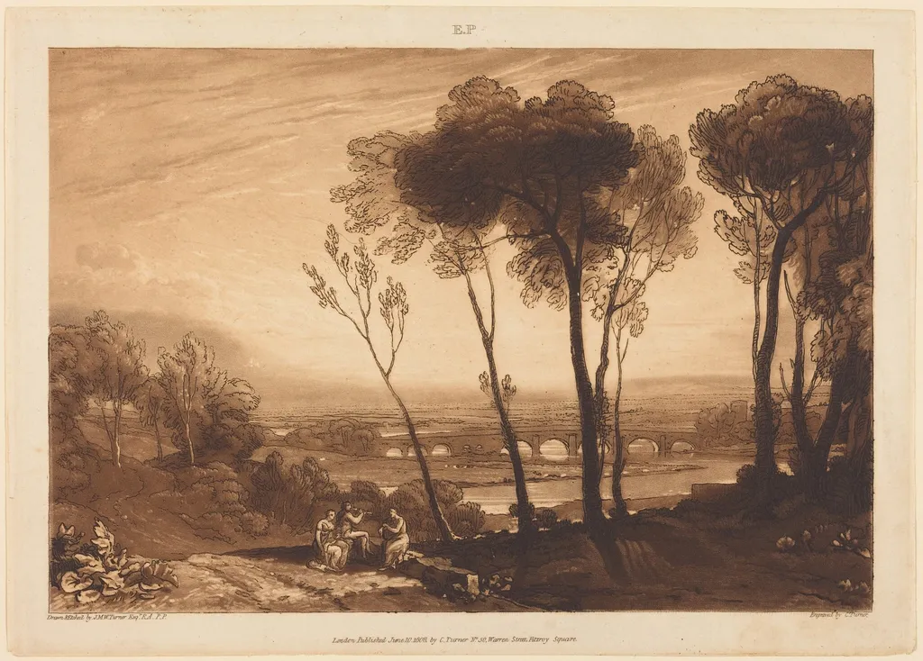 The Bridge in Middle Distance, by Charles Turner, ink, 1808