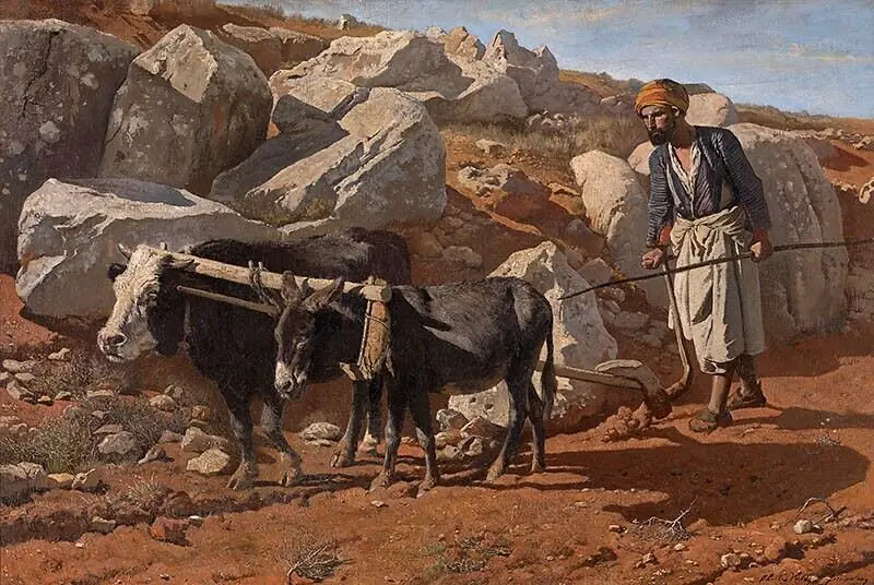 Plough Ox and Mule with Fellah, by Charles Verlat