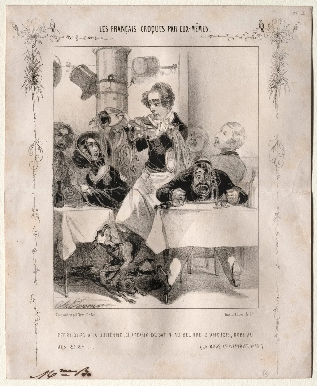 Les Français croquès par eux-mêmes: Perruques a la Julienne, Chapeaux de satin au beurre d'anchois, robe au jus, by Charles Vernier, 1840
