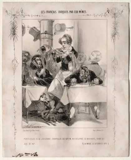 Les Français croquès par eux-mêmes:  Perruques a la Julienne, Chapeaux de satin au beurre d'anchois, robe au jus, by Charles Vernier