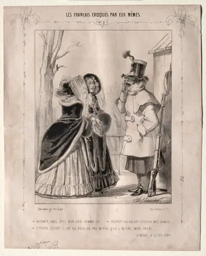 Les Français croquès par eux-mêmes: Vicomte, vous êtes bien laid comme ca!,,,Respect au soldat citoyen, mes dames...Citoyen, soldat, l'un ne vous va pas mieux que l'autre, mon cher!, by Charles Vernier