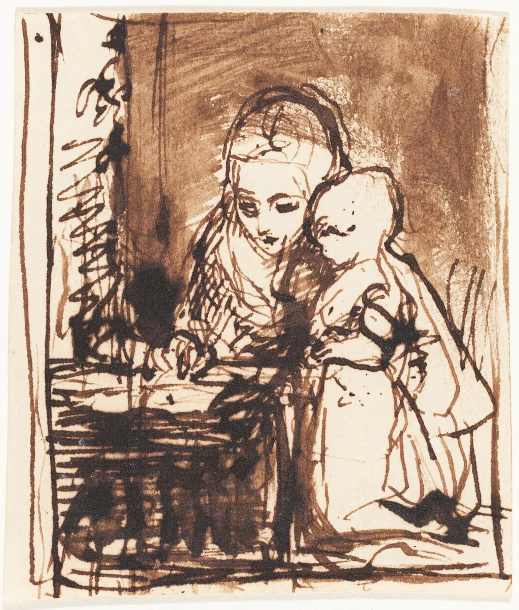 Woman Reading to a Child, by Charles West Cope, ink, 1850