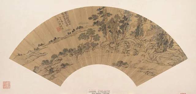明　陳祼　茂樹清泉圖　扇|Recluse washing his feet in a stream
