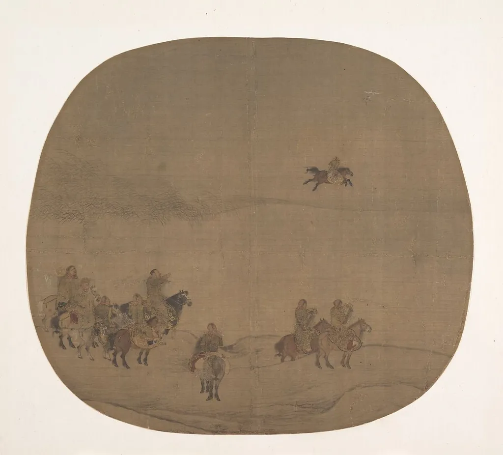 南宋 傳陳居中 胡騎春獵圖 團扇|Nomads hunting with falcons, by Chen Juzhong, ink, 1216