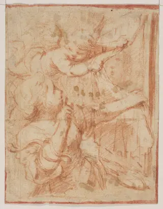 Cherub revealing a portrait to a young woman
