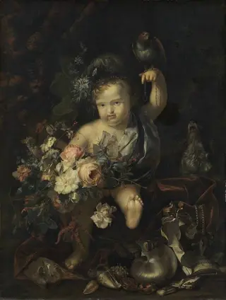 Cherub with Flowers and Parrot
