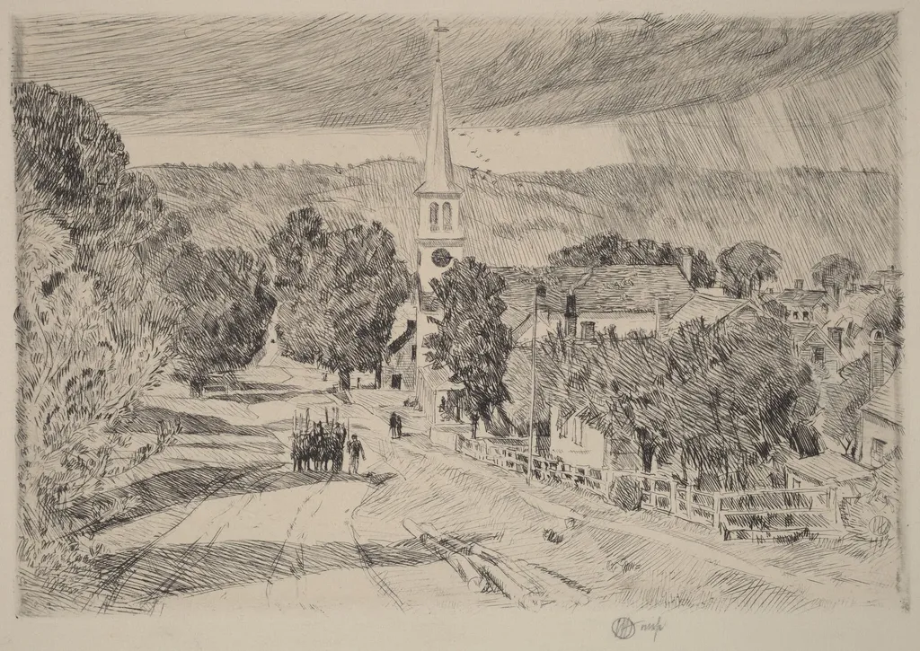 A Vermont Village, by Childe Hassam, ink, 1923