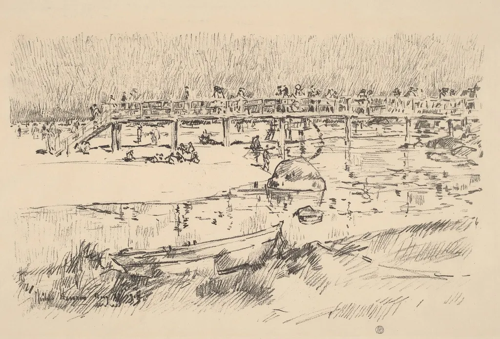 Bathing Beach, Bass Rocks, by Childe Hassam, ink, 1918