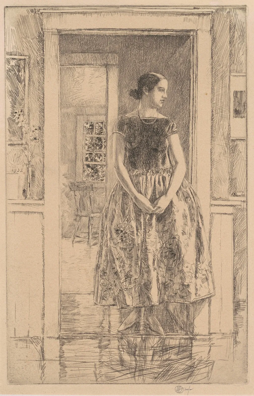 Girl in a Modern Gown, by Childe Hassam, ink, 1922