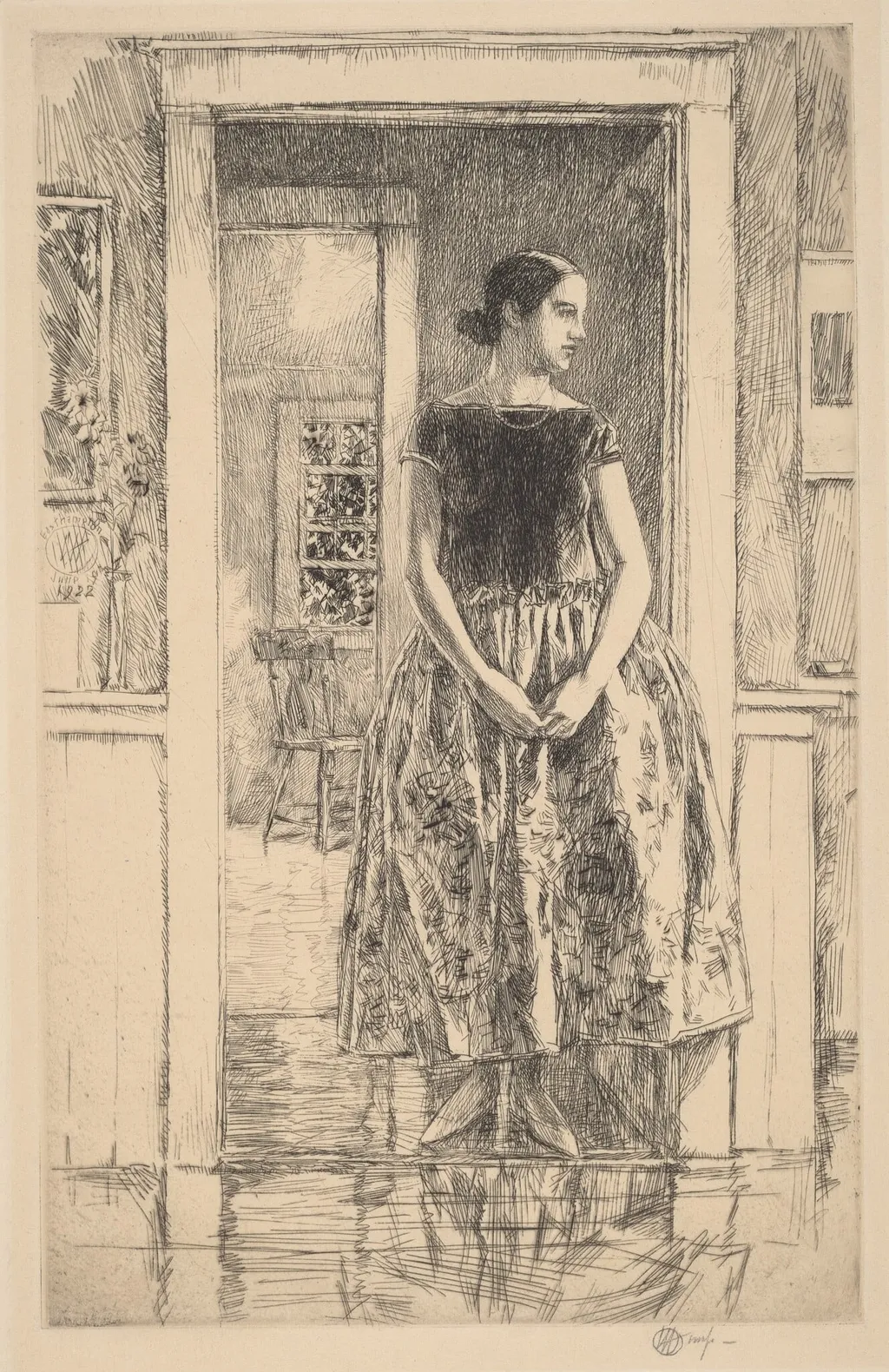 Girl in a Modern Gown, by Childe Hassam, ink, 1922