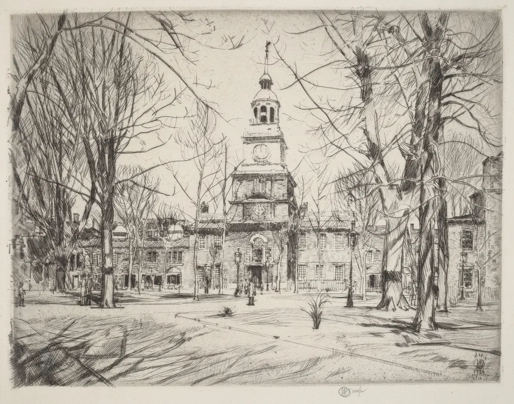 Independence Hall, by Childe Hassam, ink, 1926