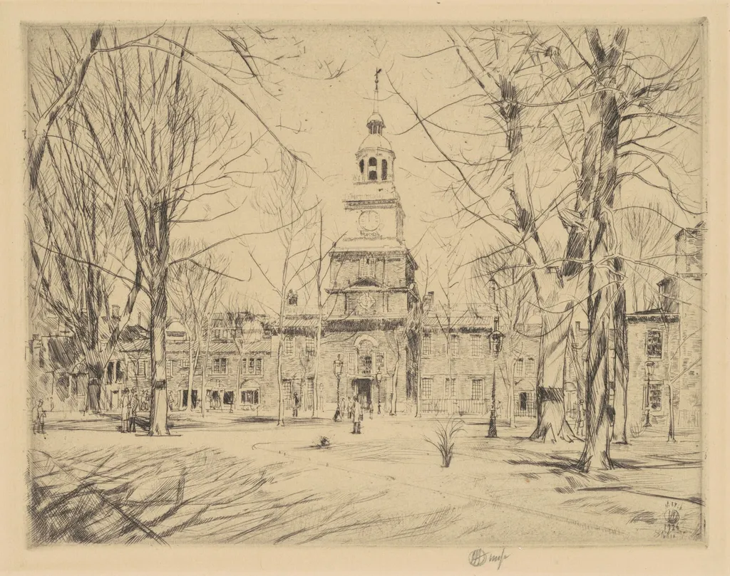Independence Hall, by Childe Hassam, ink, 1926