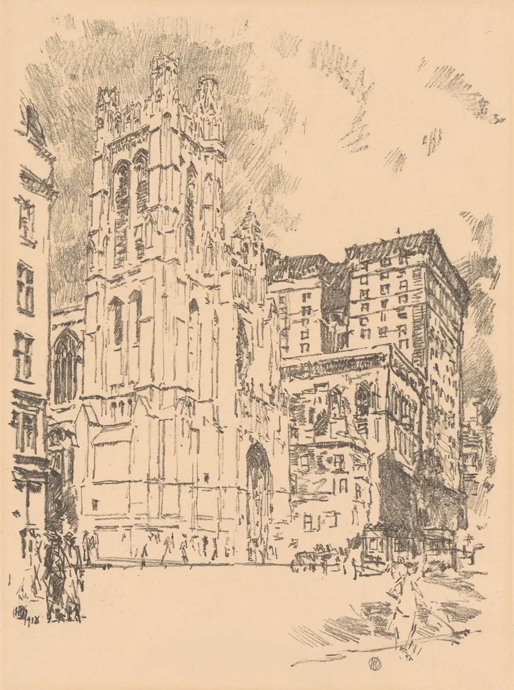 St. Thomas, New York, by Childe Hassam, ink, 1918