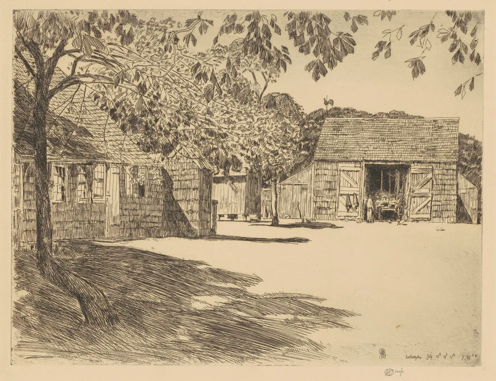 The Old Mulford Farm, by Childe Hassam, ink, 1929