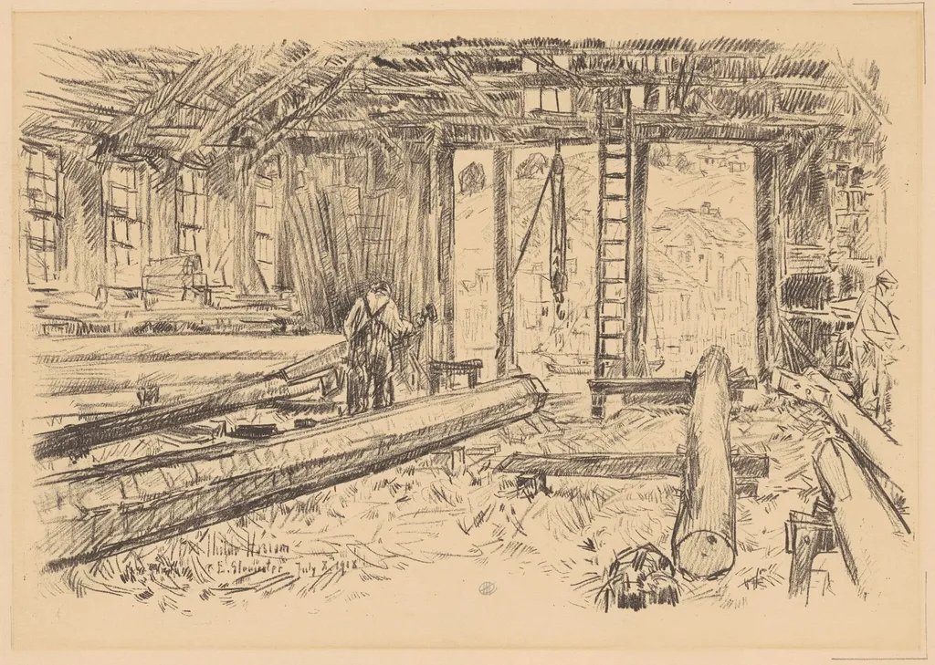The Spar Shop, Gloucester, by Childe Hassam, ink, 1918