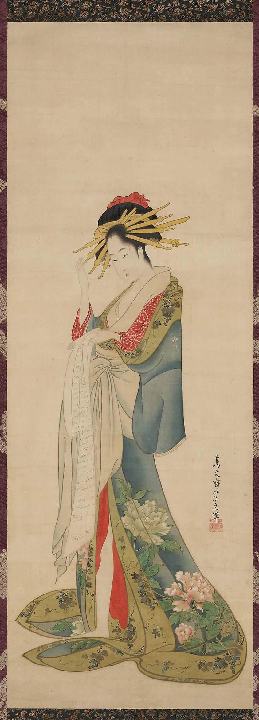 A Courtesan Reading a Letter, by Chôbunsai Eishi, ink, 1822