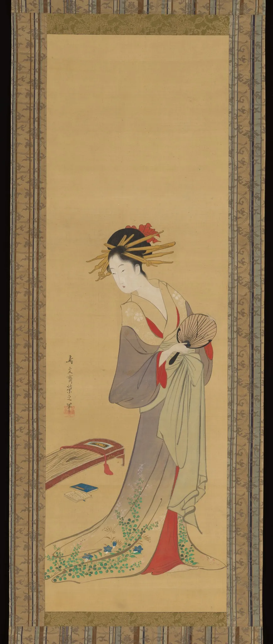 Courtesan with Fan and Koto, by Chôbunsai Eishi, unspecified, 1792