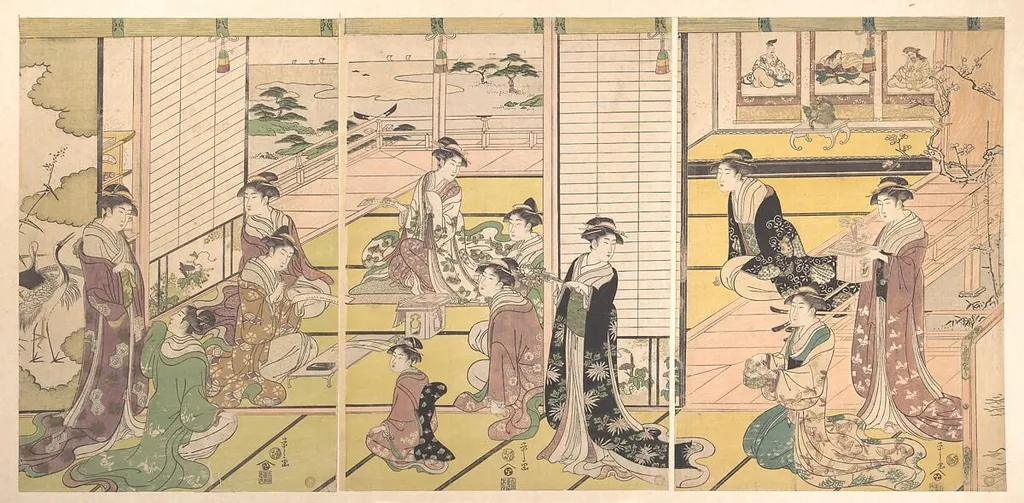 鳥文斎栄之画 和歌三神図|Honoring the Three Gods of Poetry: Women Composing Poems, by Chôbunsai Eishi, ink, 1792